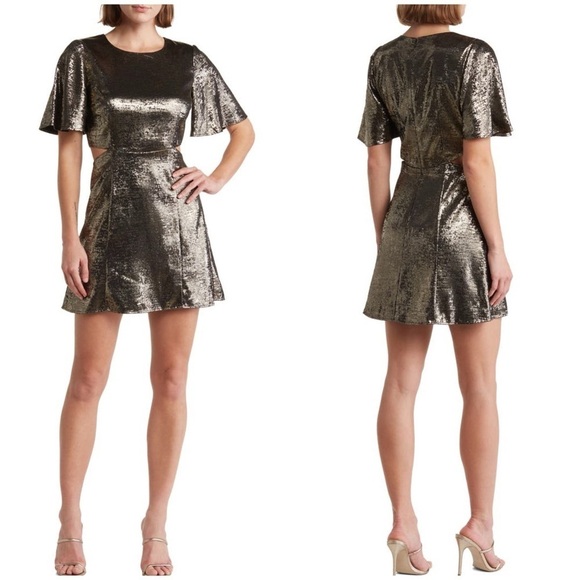 New French Connection Alara Metallic Flutter Sleeve Cutout Mini Dress Sz 10 - Picture 3 of 14